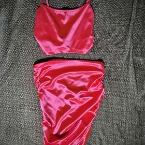 SHEIN Neon Pink Satin Two-Piece Set – Ruched Skirt & Crop Top (Size S)